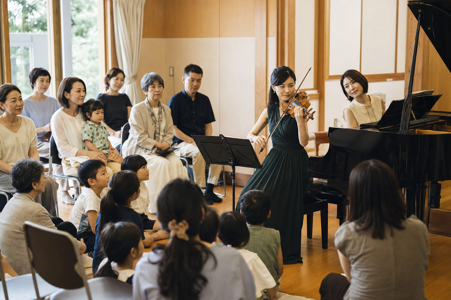 地域の音楽会で、演奏家と子どもから大人までが音楽を楽しむ様子