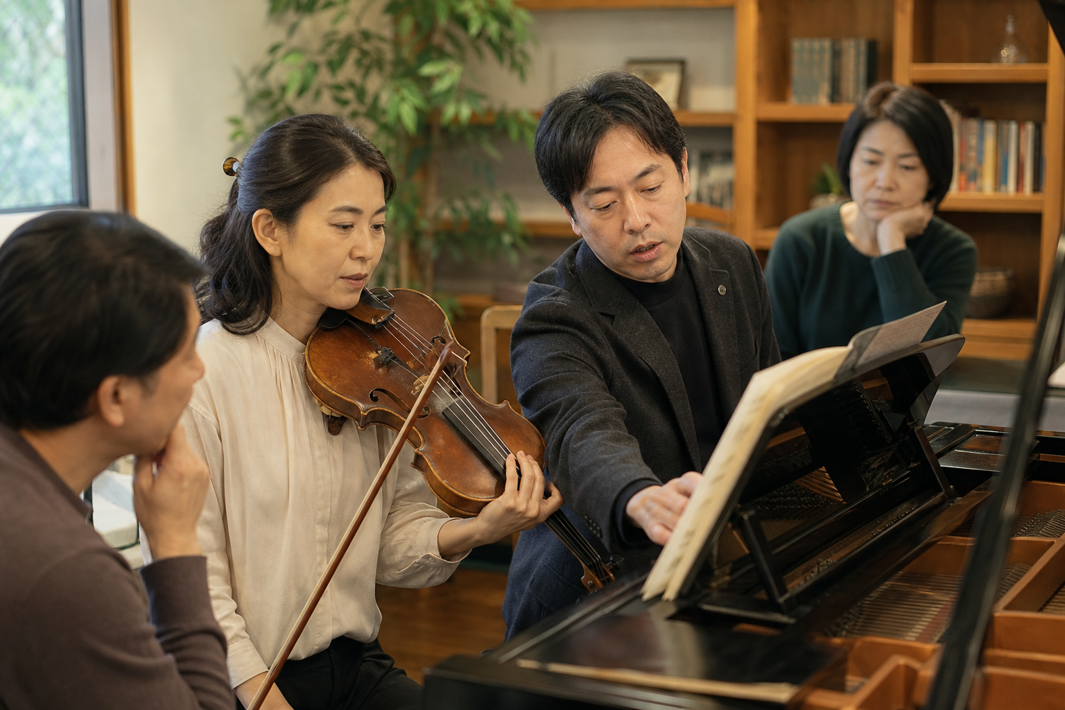 演奏家と指導者がピアノを囲み、楽譜を見ながら学ぶ様子