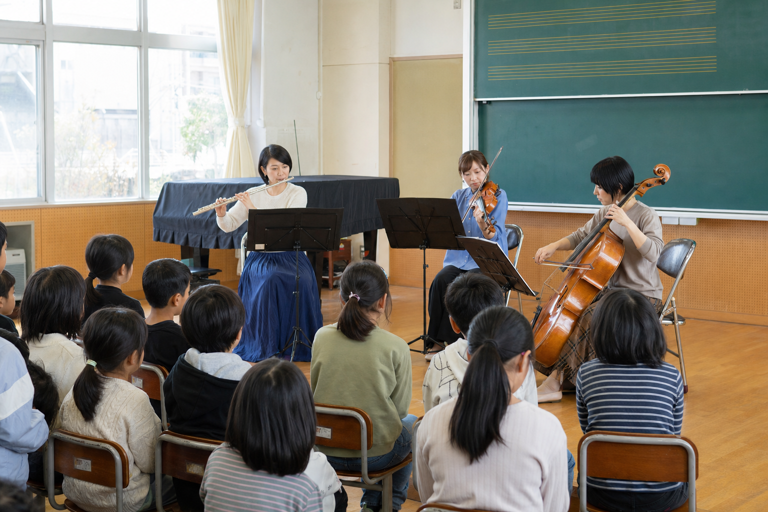 学校の音楽室で、演奏家が子供たちにクラシック音楽を届ける様子