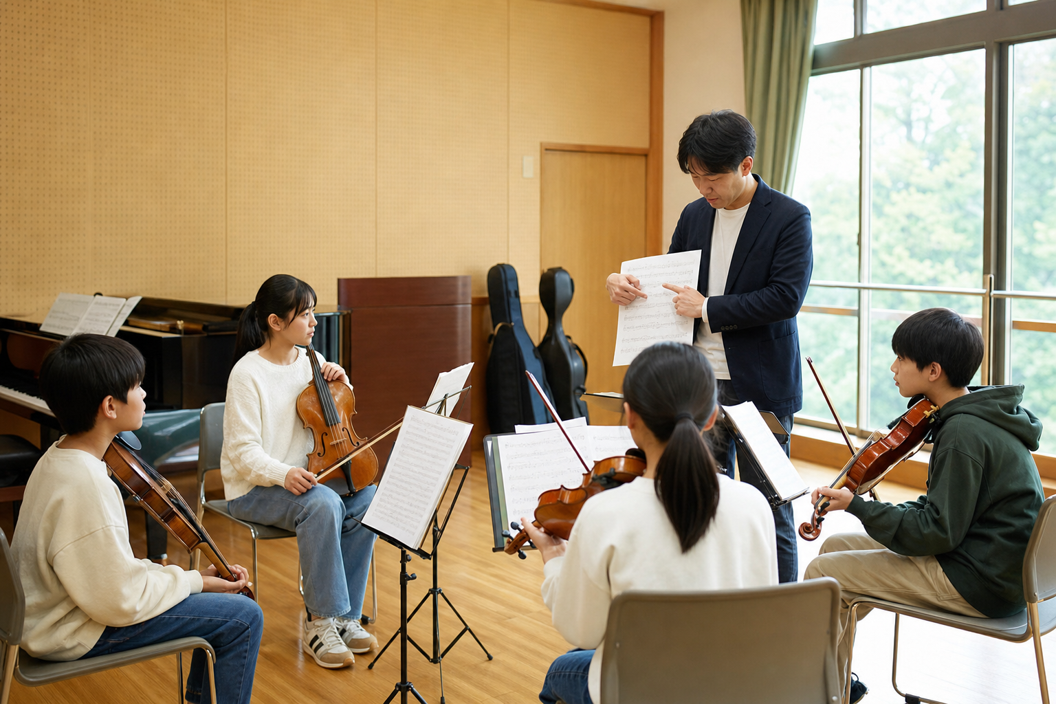 地域の練習室で、子供や青少年が指導者から音楽を学ぶ様子