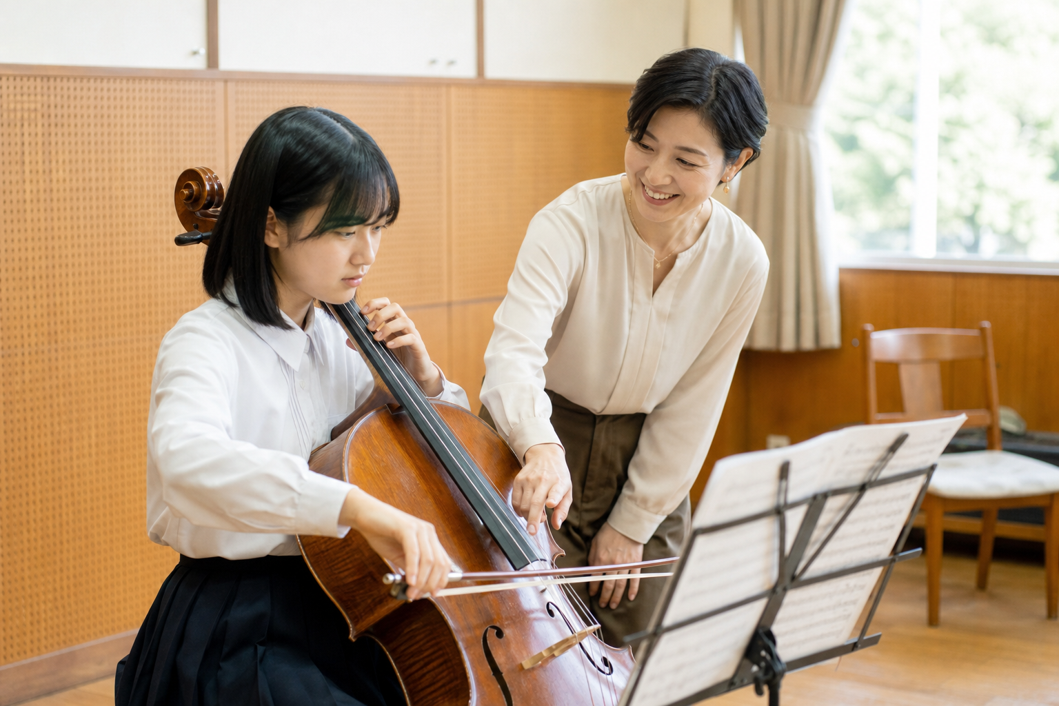 若いチェロ奏者が指導者から助言を受ける様子