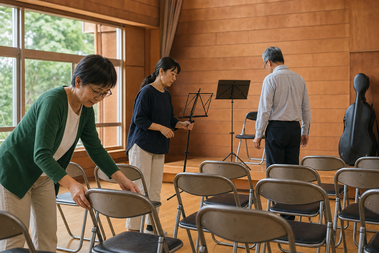 演奏会場で椅子や譜面台の準備をする人たち